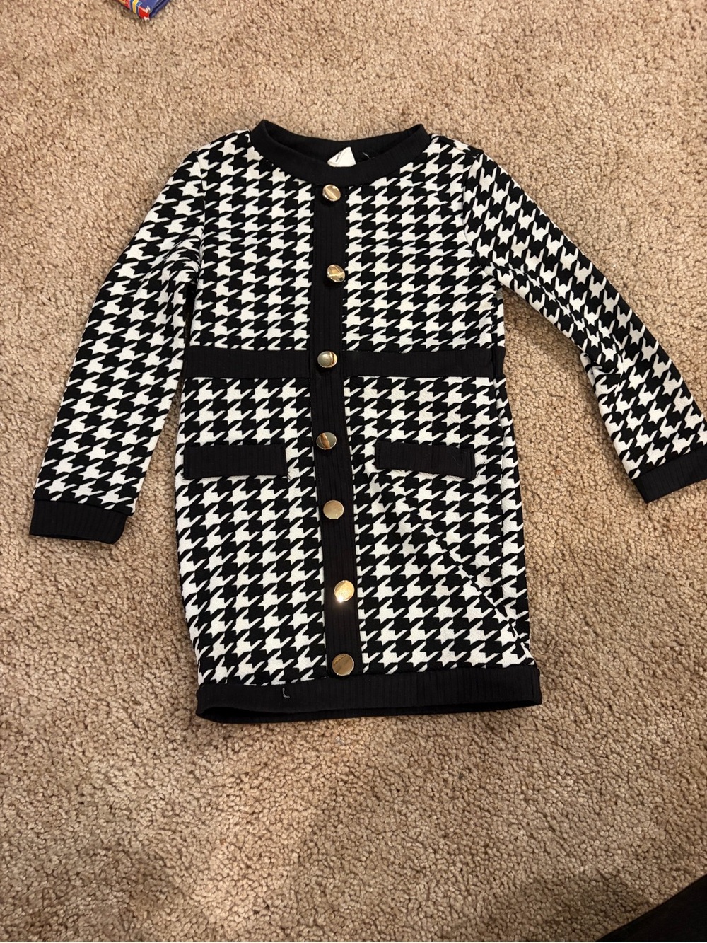 Black & White Houndstooth Knit Dress with Gold Buttons - Kids